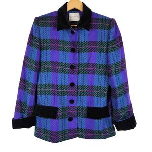 Doncaster vintage 90's wool plaid jacket coat purple black velvet,‎ size 8
